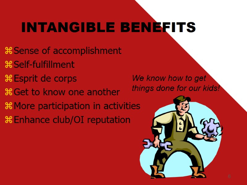 6 INTANGIBLE BENEFITS Sense of accomplishment Self-fulfillment Esprit de corps Get to know one